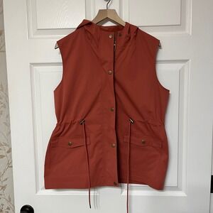 YOUNG USA Utility Vest Hooded Drawstring Pockets Zip Snap Rust XL Polyester